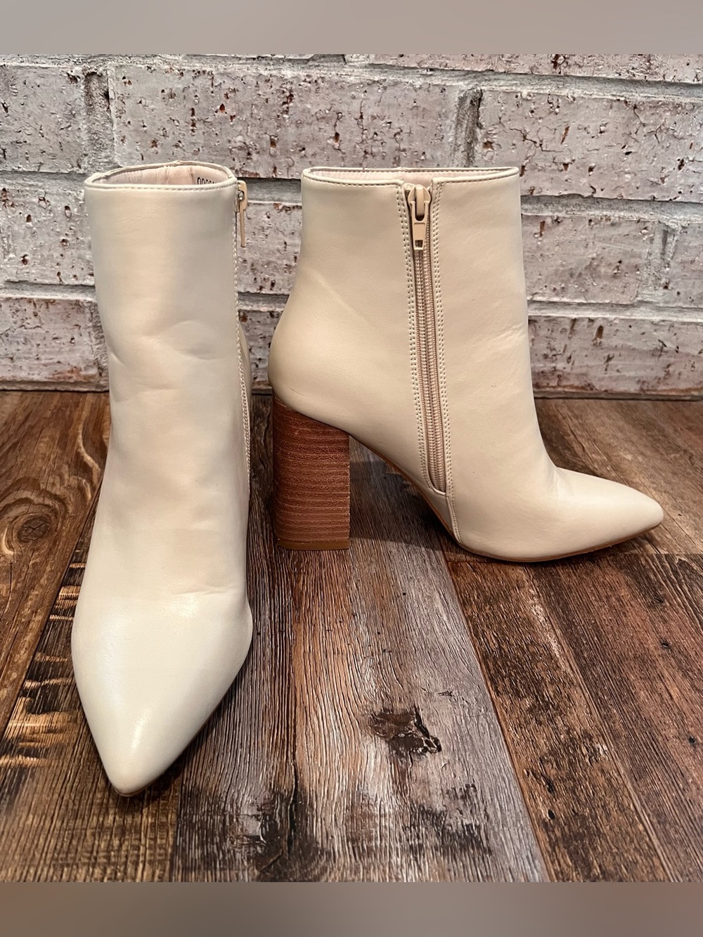 ShuShop Ivory Pointed-Toe Veronica Ankle Booties with Stacked Heel
